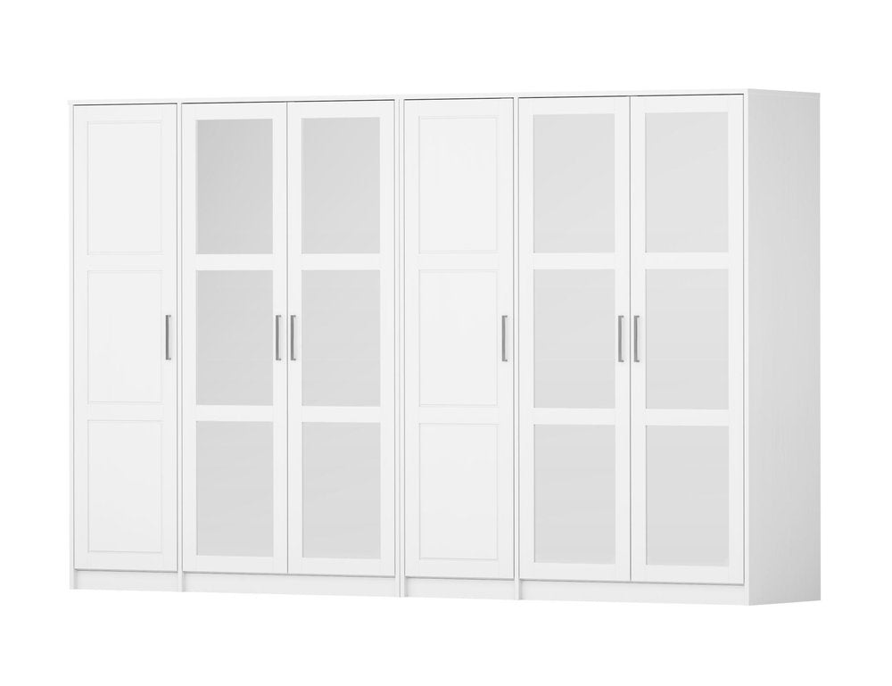72" White Solid Wood Mirrored Six Door Combo Dresser