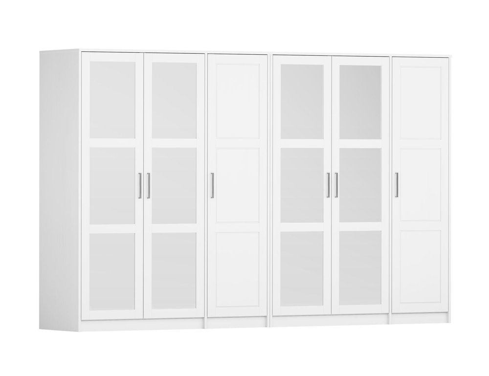 72" White Solid Wood Mirrored Six Door Combo Dresser