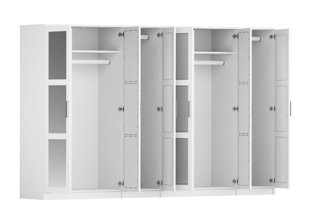 72" White Solid Wood Mirrored Six Door Combo Dresser