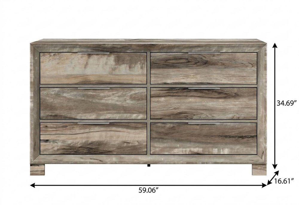 59" Brown Wood Six Drawer Double Dresser