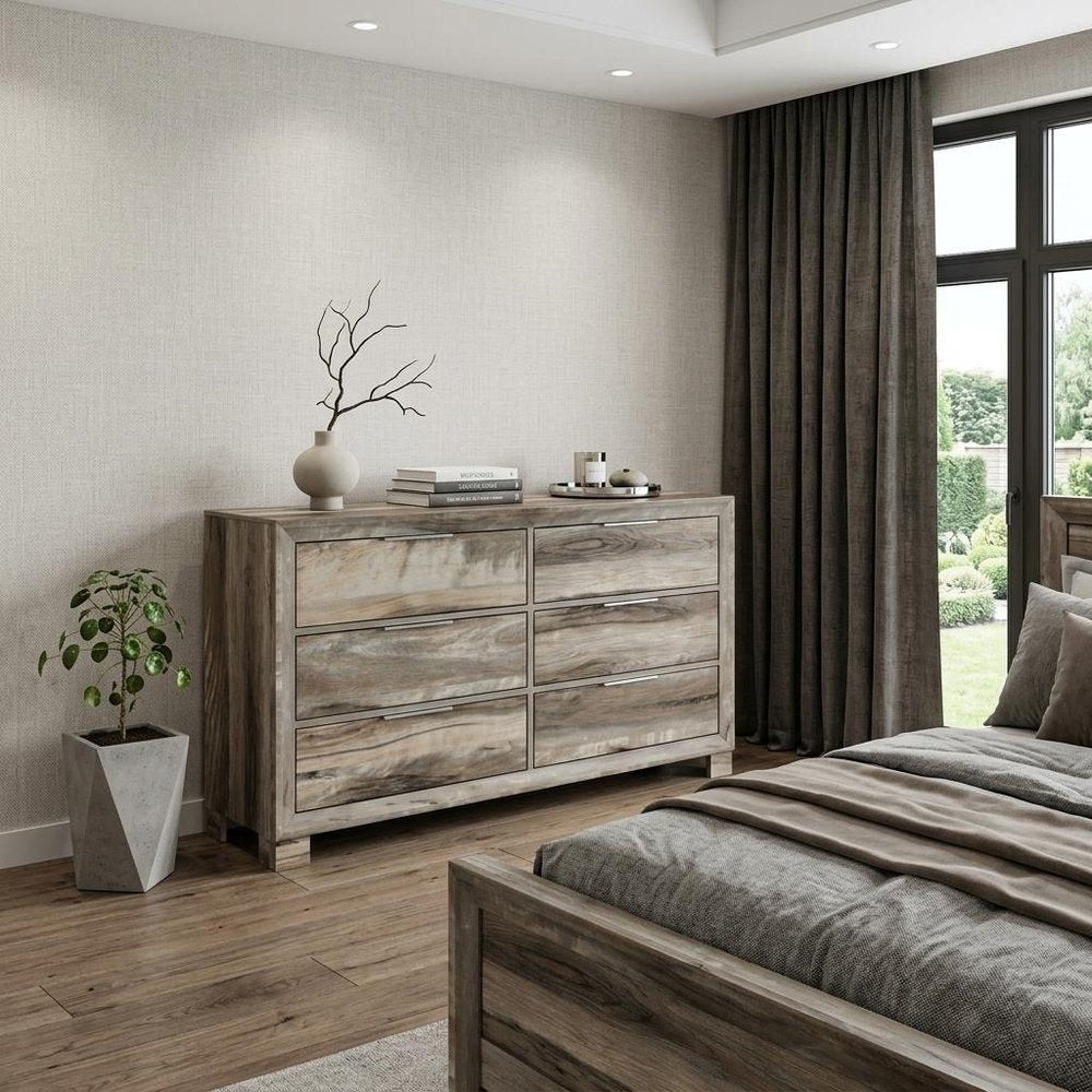 59" Brown Wood Six Drawer Double Dresser