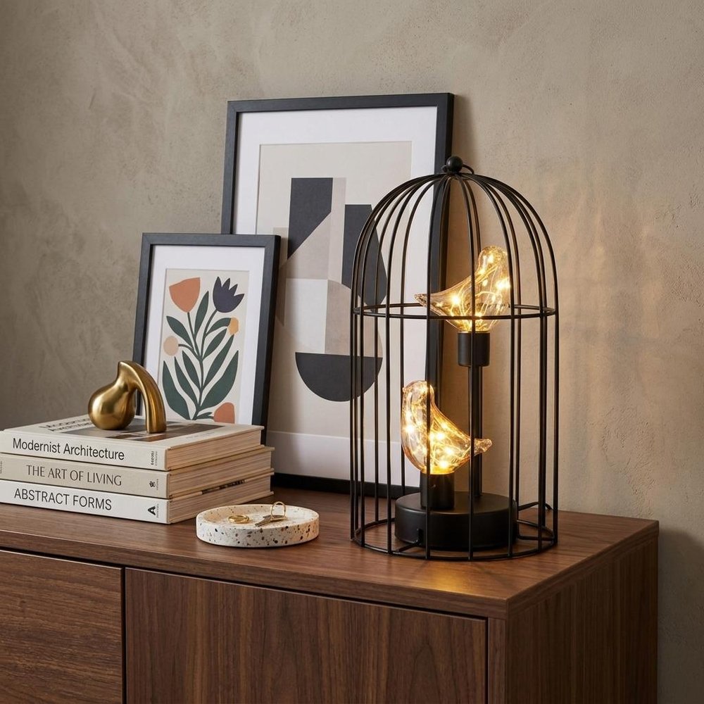 12" Black Birds In Cage Battery Operated Desk Lamp