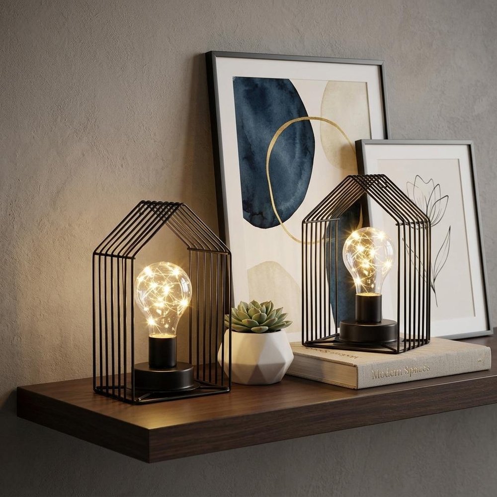 Set of Two 7" Black Novelty Battery Powered Desk Lamps With Cage Shades