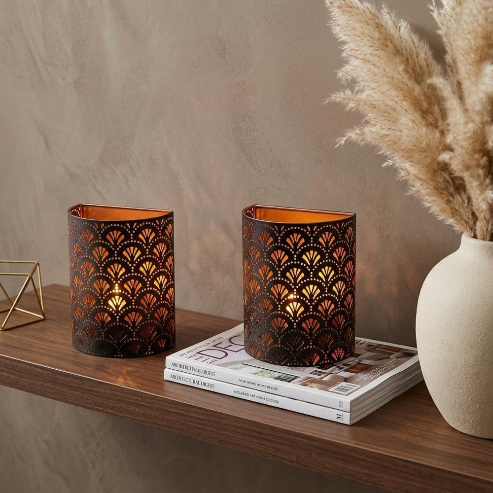 Set of Two 8" Bronze Geometric Desk Lamps With Cylinder Shades