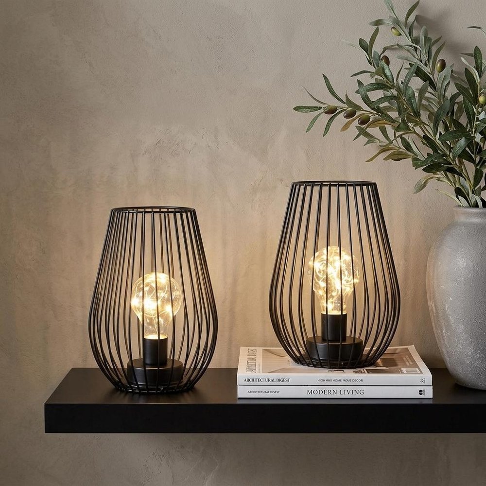 Set of Two 7" Black Metal Pierced Battery Powered Desk Lamps