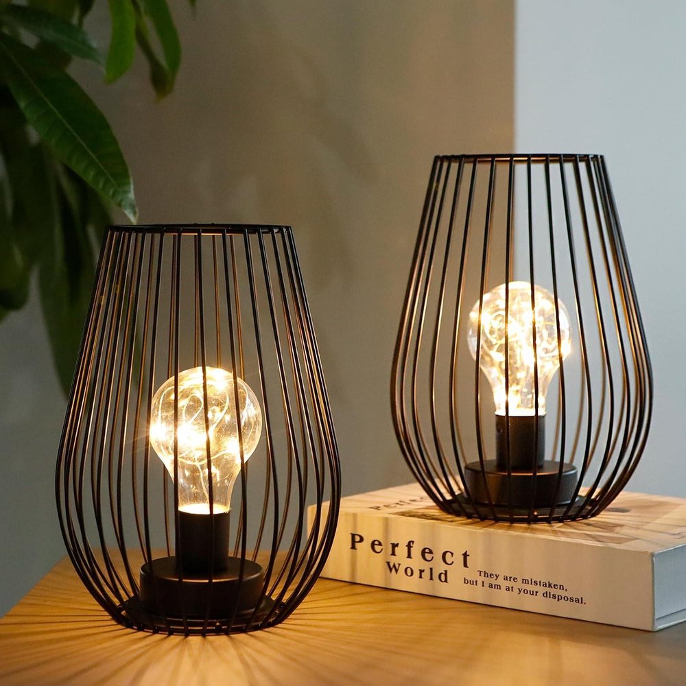 Set of Two 7" Black Metal Pierced Battery Powered Desk Lamps