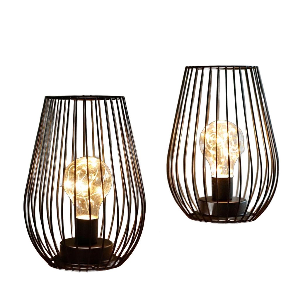 Set of Two 7" Black Metal Pierced Battery Powered Desk Lamps