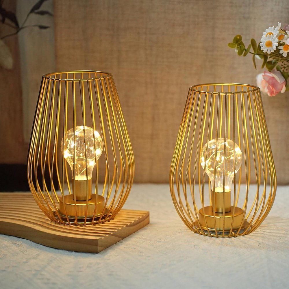 Set of Two 8" Gold Pierced Battery Powered Desk Lamps