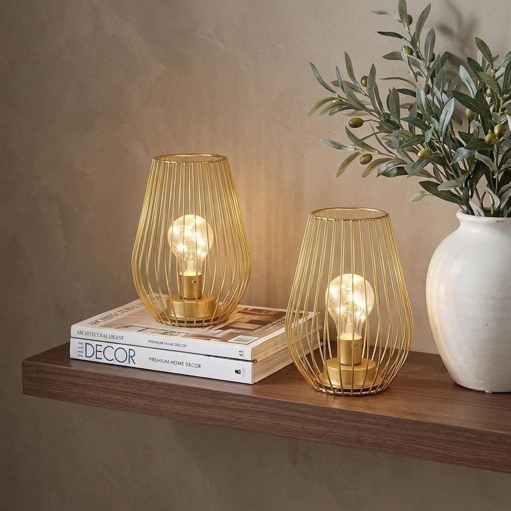 Set of Two 8" Gold Pierced Battery Powered Desk Lamps