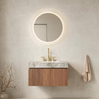 30" Brown Wood Floating Single Door Bathroom Vanity With White Sink