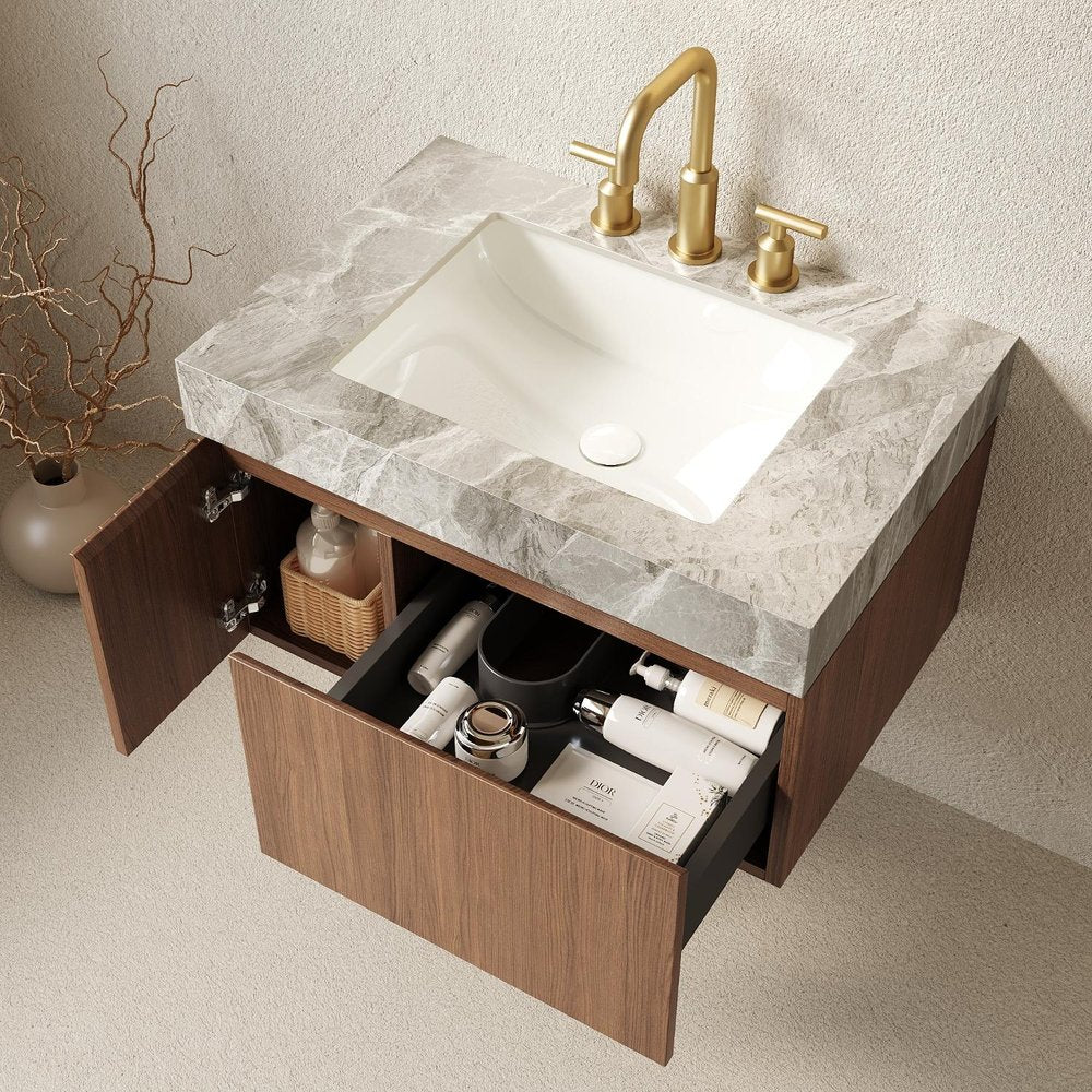30" Brown Wood Floating Single Door Bathroom Vanity With White Sink