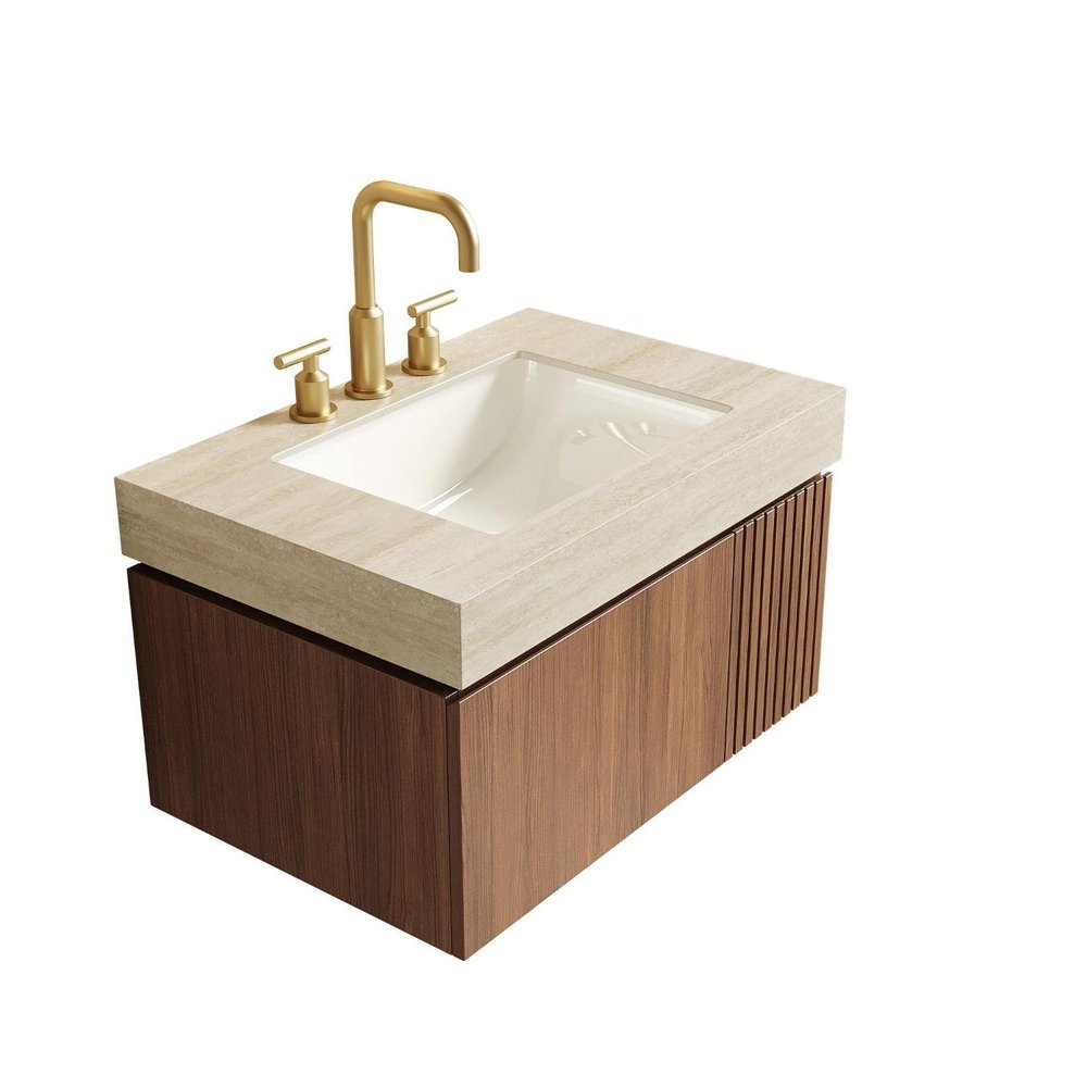 30" Brown Wood Floating Single Door Bathroom Vanity With White Sink