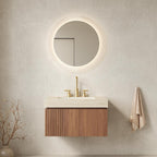 30" Brown Wood Floating Single Door Bathroom Vanity With White Sink