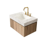 30" Brown Wood Floating Single Door Bathroom Vanity With White Sink
