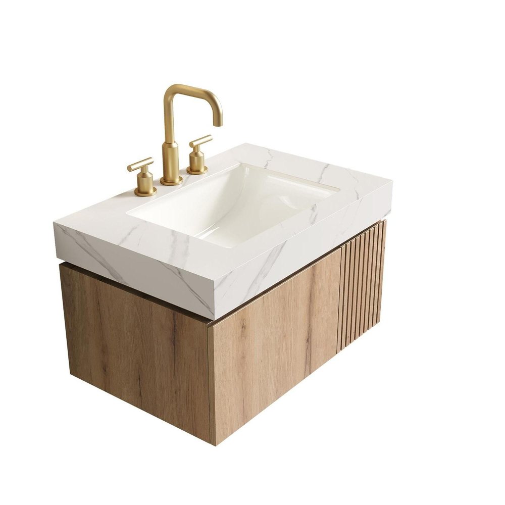 30" Brown Wood Floating Single Door Bathroom Vanity With White Sink