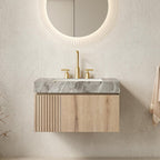 30" Brown Wood Floating Single Door Bathroom Vanity With White Sink