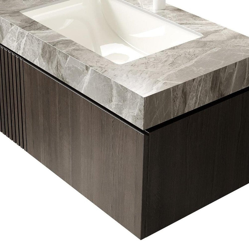 36" Brown Wood Floating Single Door Bathroom Vanity With White Sink