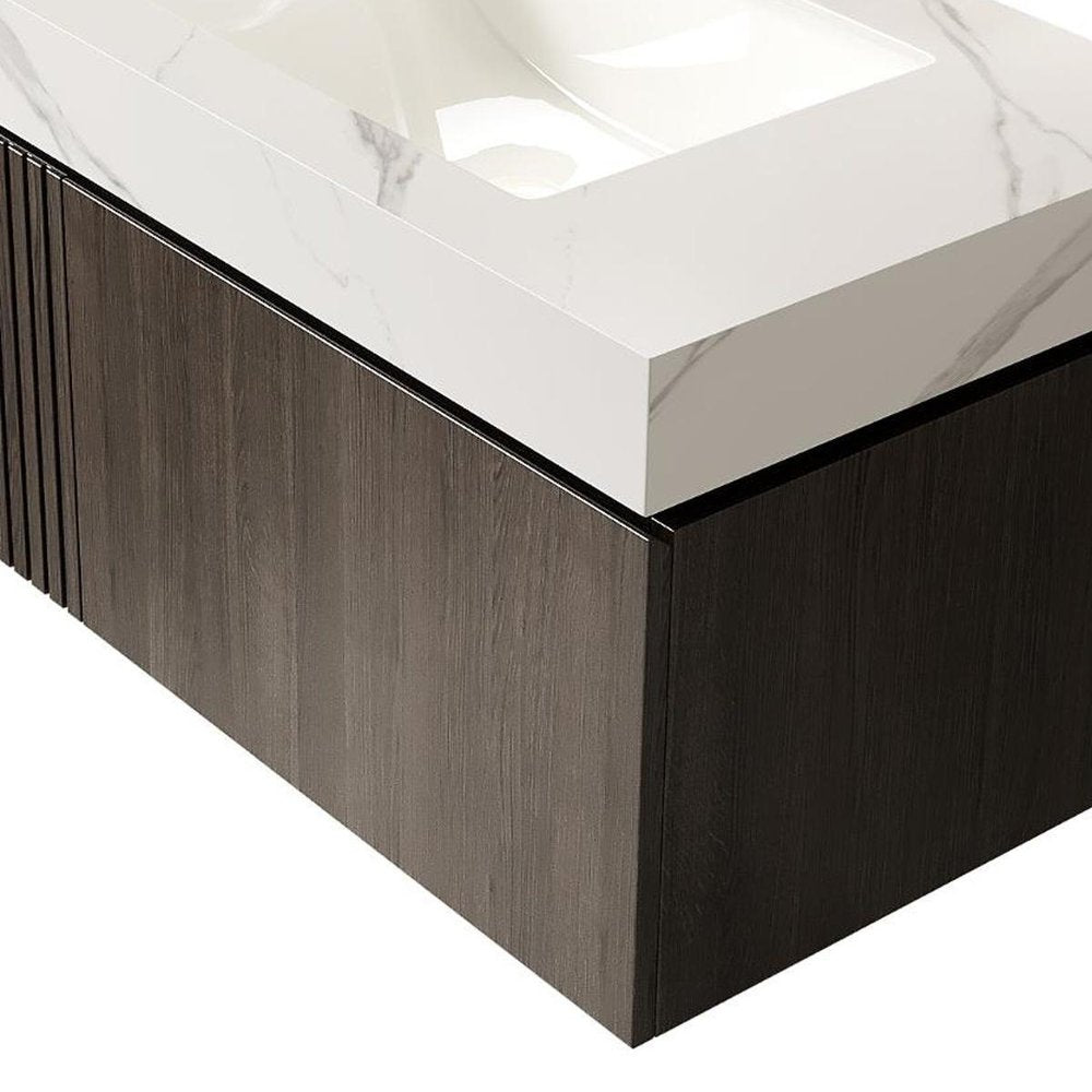 36" Black Wood Floating Single Door Bathroom Vanity With White Sink