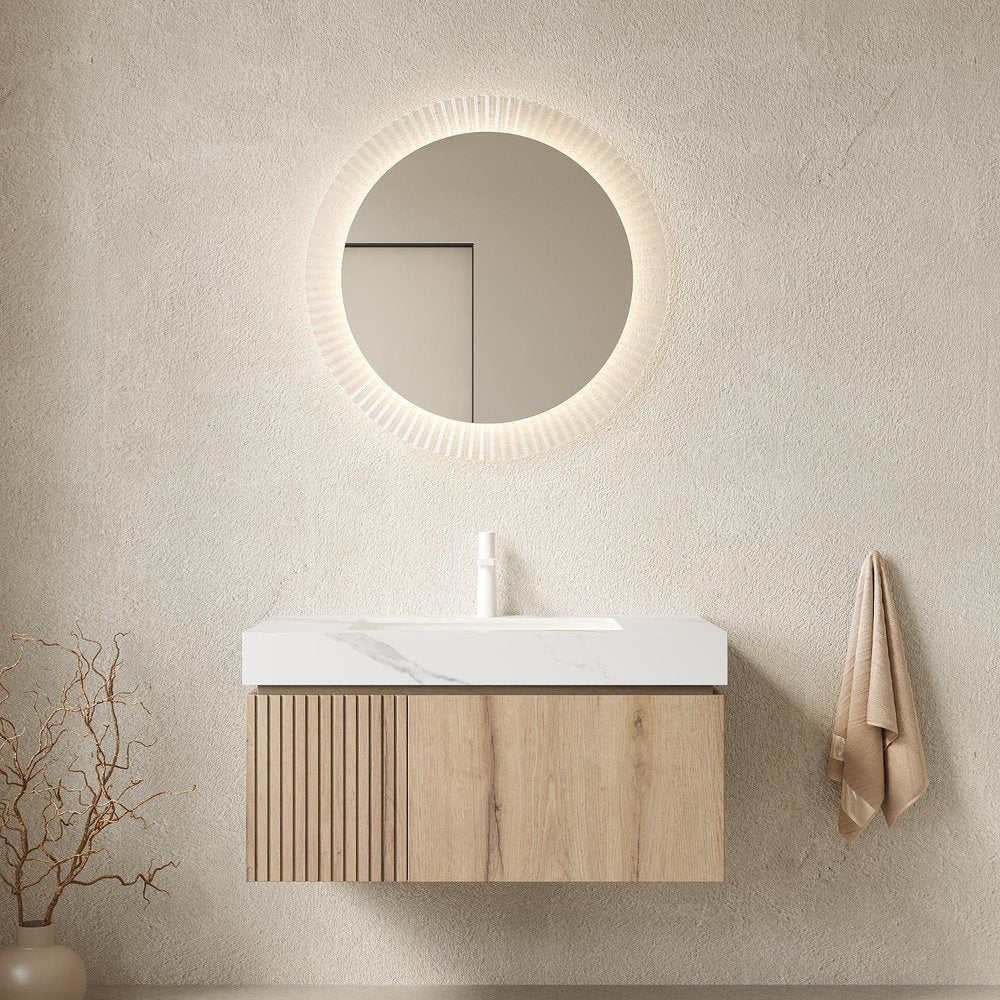 36" Brown Wood Floating Single Door Bathroom Vanity With White Sink