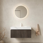 36" Brown Wood Floating Single Door Bathroom Vanity With White Sink