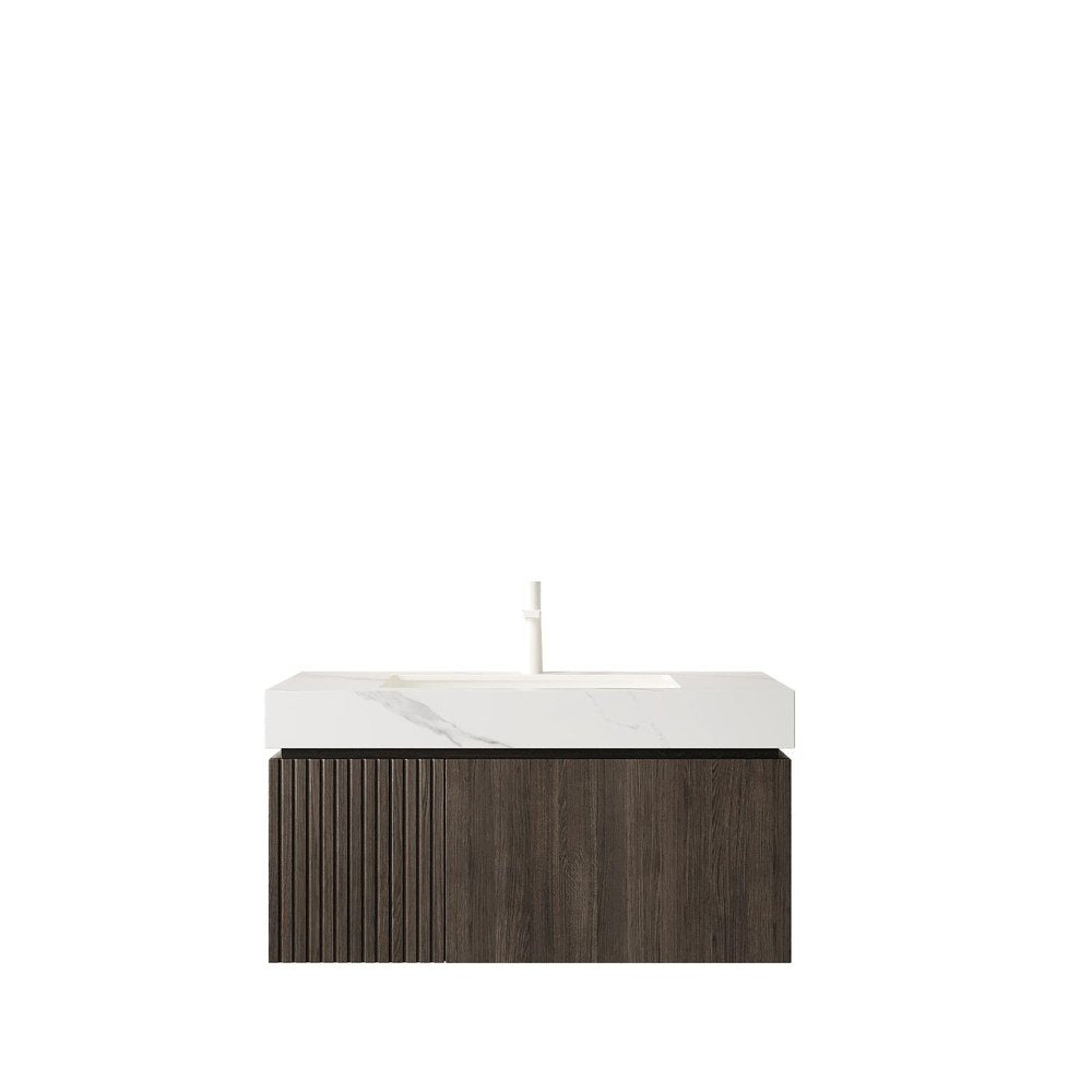36" Brown Wood Floating Single Door Bathroom Vanity With White Sink