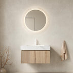 30" Brown Wood Floating Single Door Bathroom Vanity With White Sink