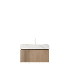 30" Brown Wood Floating Single Door Bathroom Vanity With White Sink