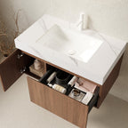 36" Brown Wood Floating Single Door Bathroom Vanity With White Sink
