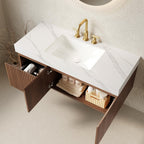 48" Brown Wood Floating Double Door Bathroom Vanity With White Sink