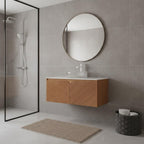 36" Brown Wood Floating Double Door Bathroom Vanity With White Sink