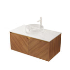36" Brown Wood Floating Double Door Bathroom Vanity With White Sink