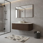 48" Brown Wood Floating Bathroom Vanity With White Sink And Two Drawers