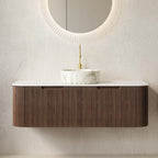 48" Brown Wood Floating Bathroom Vanity With White Sink And Two Drawers