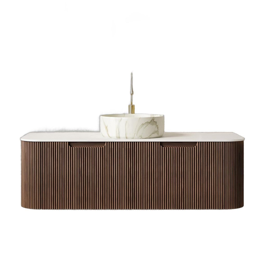 48" Brown Wood Floating Bathroom Vanity With White Sink And Two Drawers