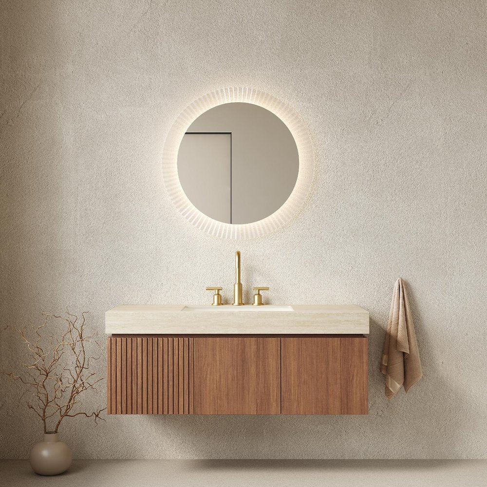 48" Brown Wood Floating Double Door Bathroom Vanity With White Sink
