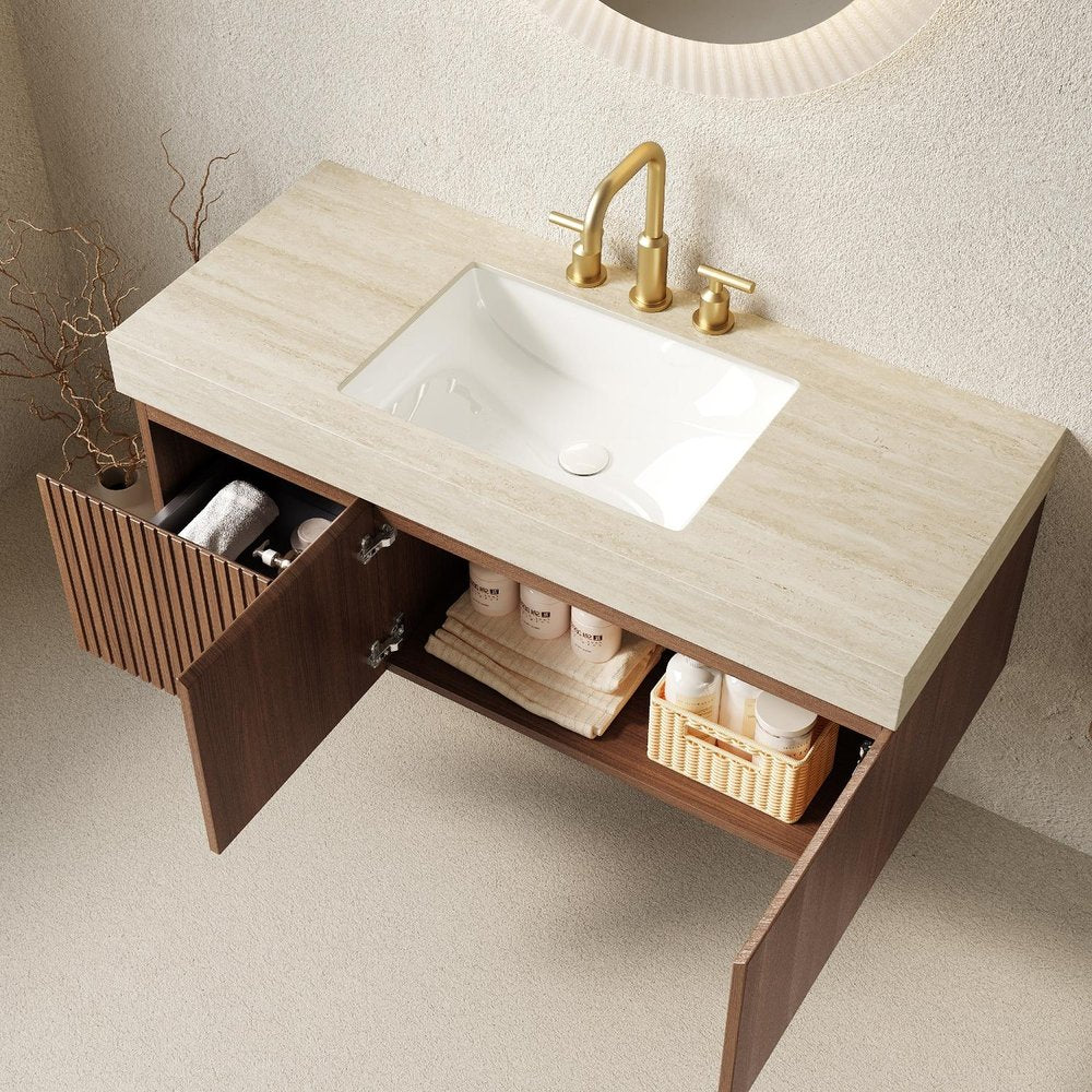 48" Brown Wood Floating Double Door Bathroom Vanity With White Sink