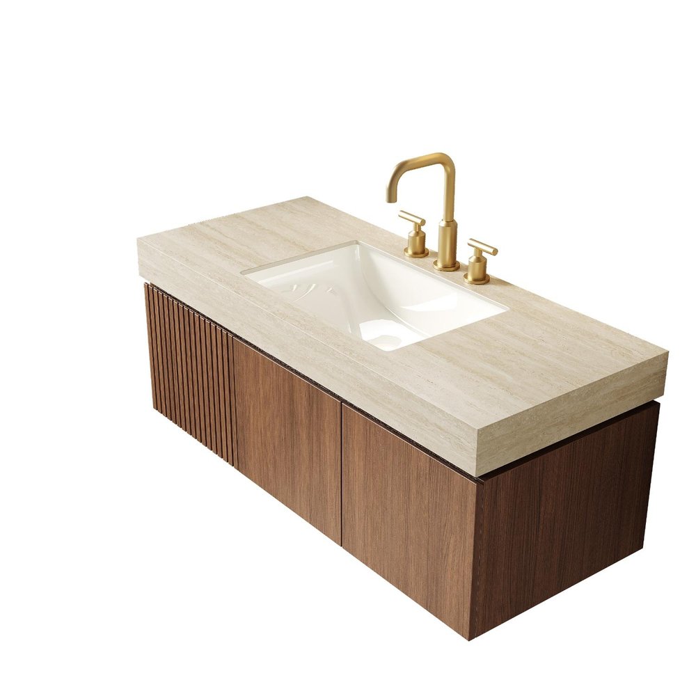 48" Brown Wood Floating Double Door Bathroom Vanity With White Sink