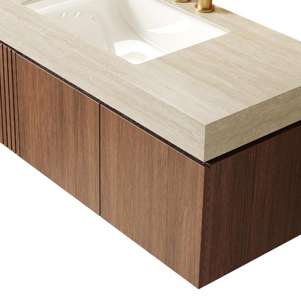 48" Brown Wood Floating Double Door Bathroom Vanity With White Sink