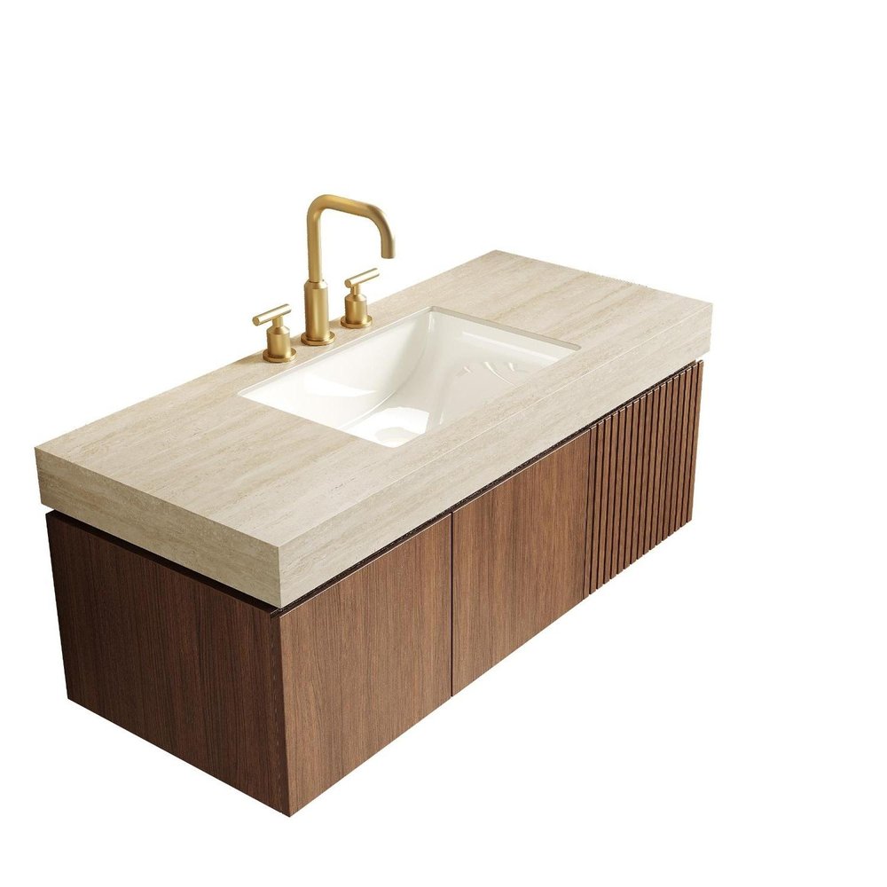 48" Brown Wood Floating Double Door Bathroom Vanity With White Sink