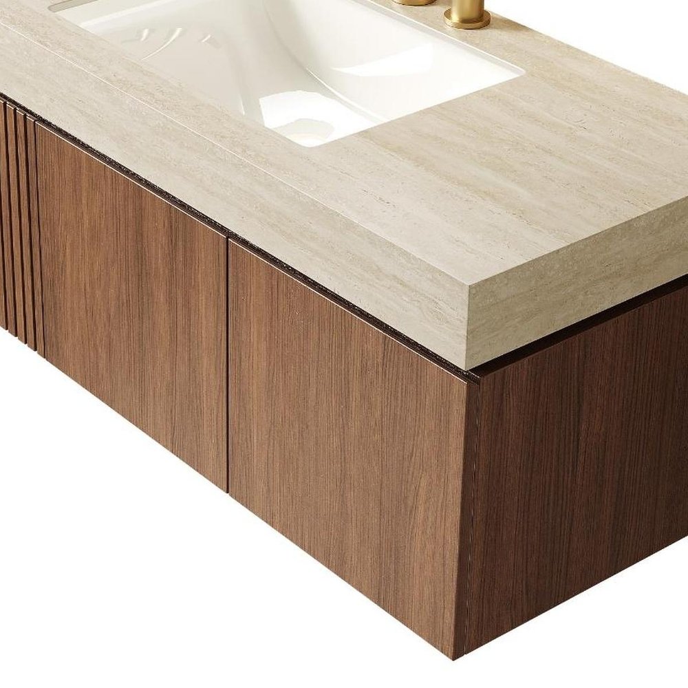 48" Brown Wood Floating Double Door Bathroom Vanity With White Sink