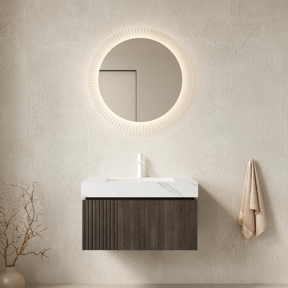 30" Brown Wood Floating Single Door Bathroom Vanity With White Sink