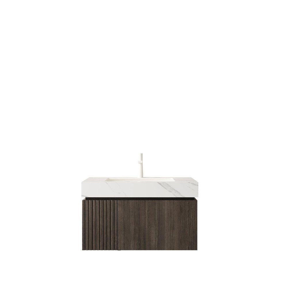 30" Brown Wood Floating Single Door Bathroom Vanity With White Sink