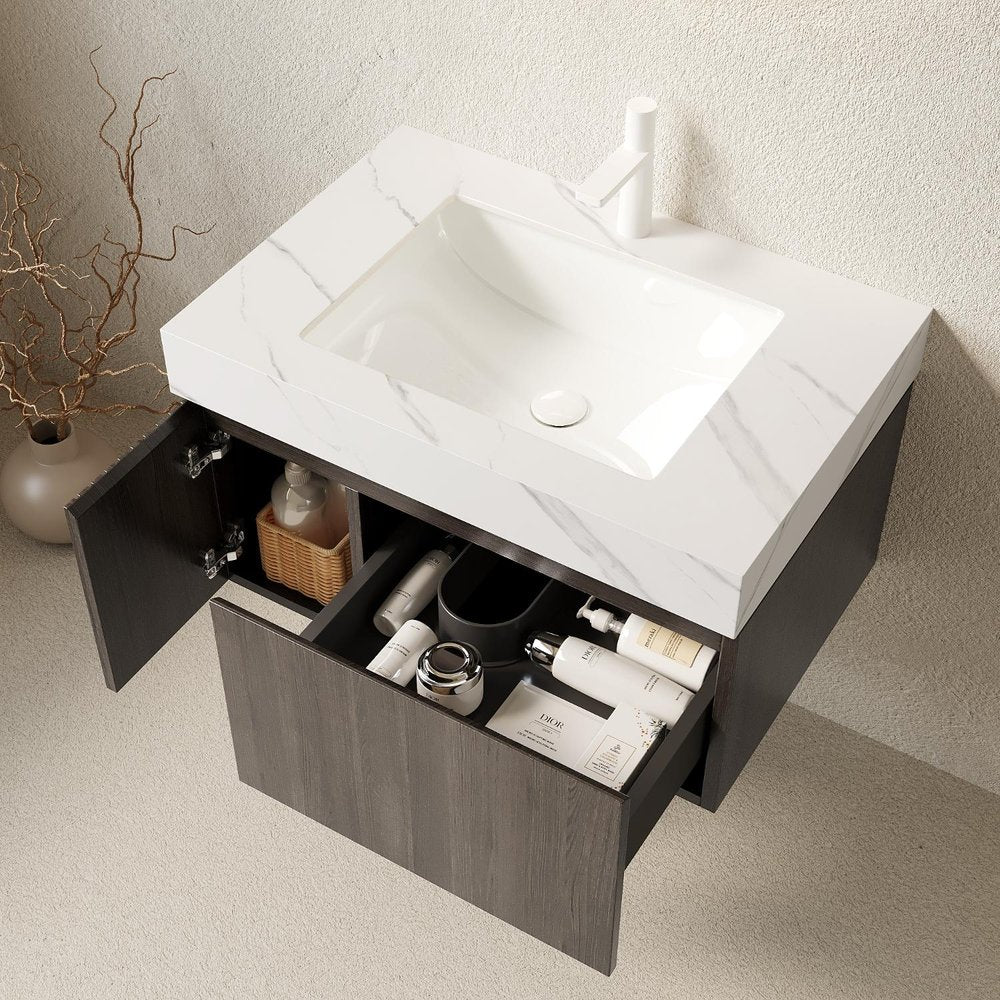 30" Brown Wood Floating Single Door Bathroom Vanity With White Sink
