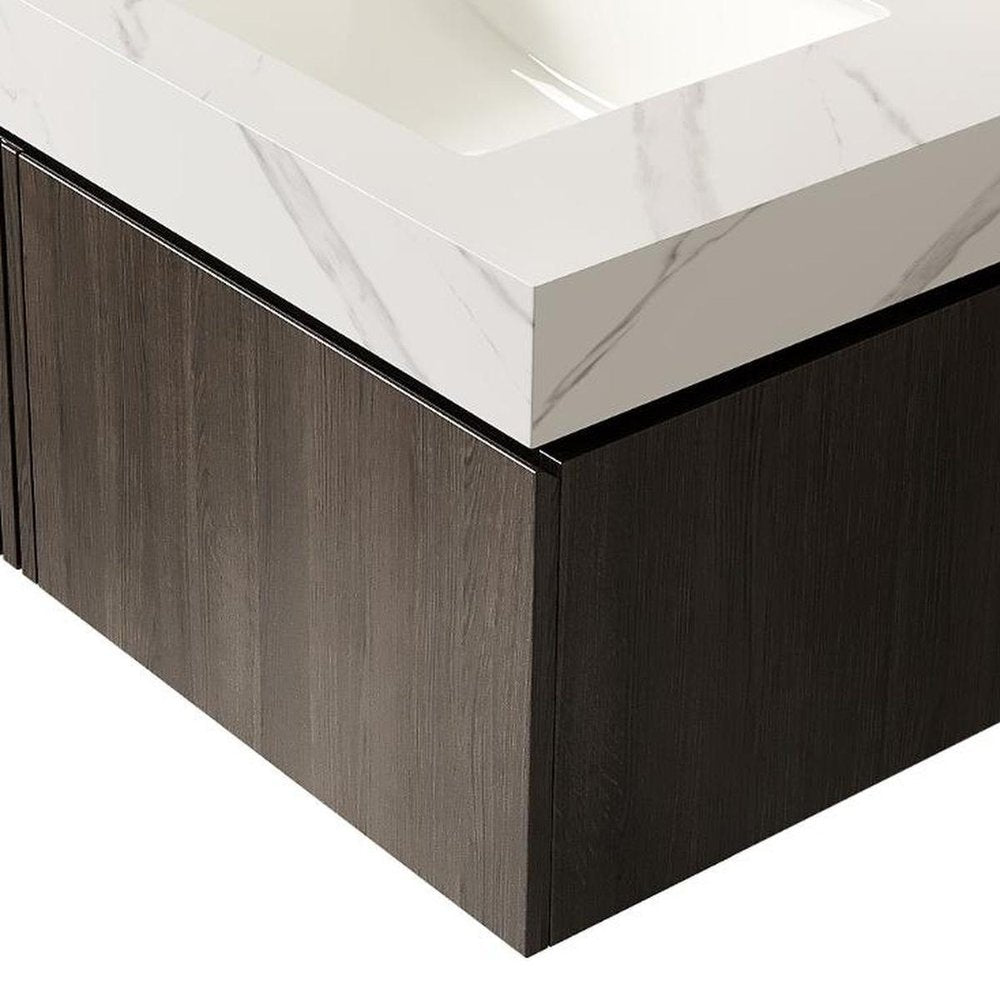 30" Brown Wood Floating Single Door Bathroom Vanity With White Sink