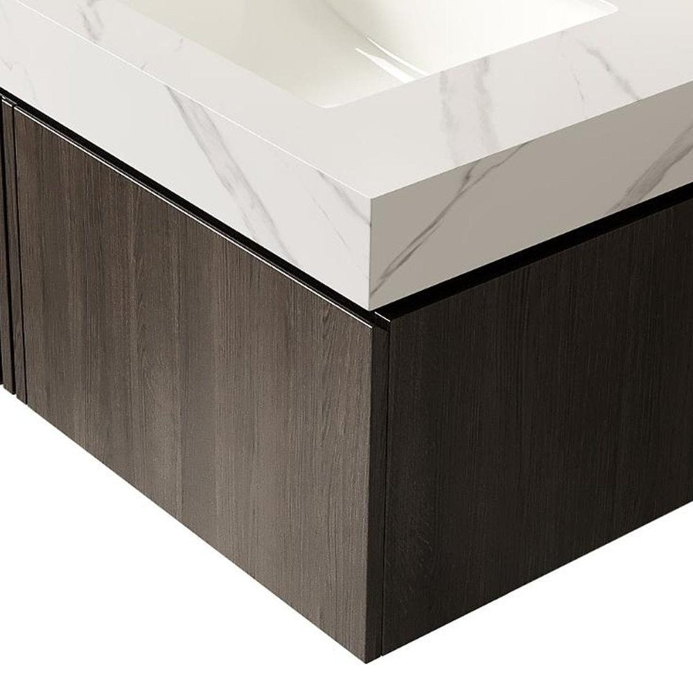 30" Brown Wood Floating Single Door Bathroom Vanity With White Sink