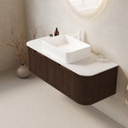 48" Brown Wood Floating Bathroom Vanity With White Sink And Two Drawers