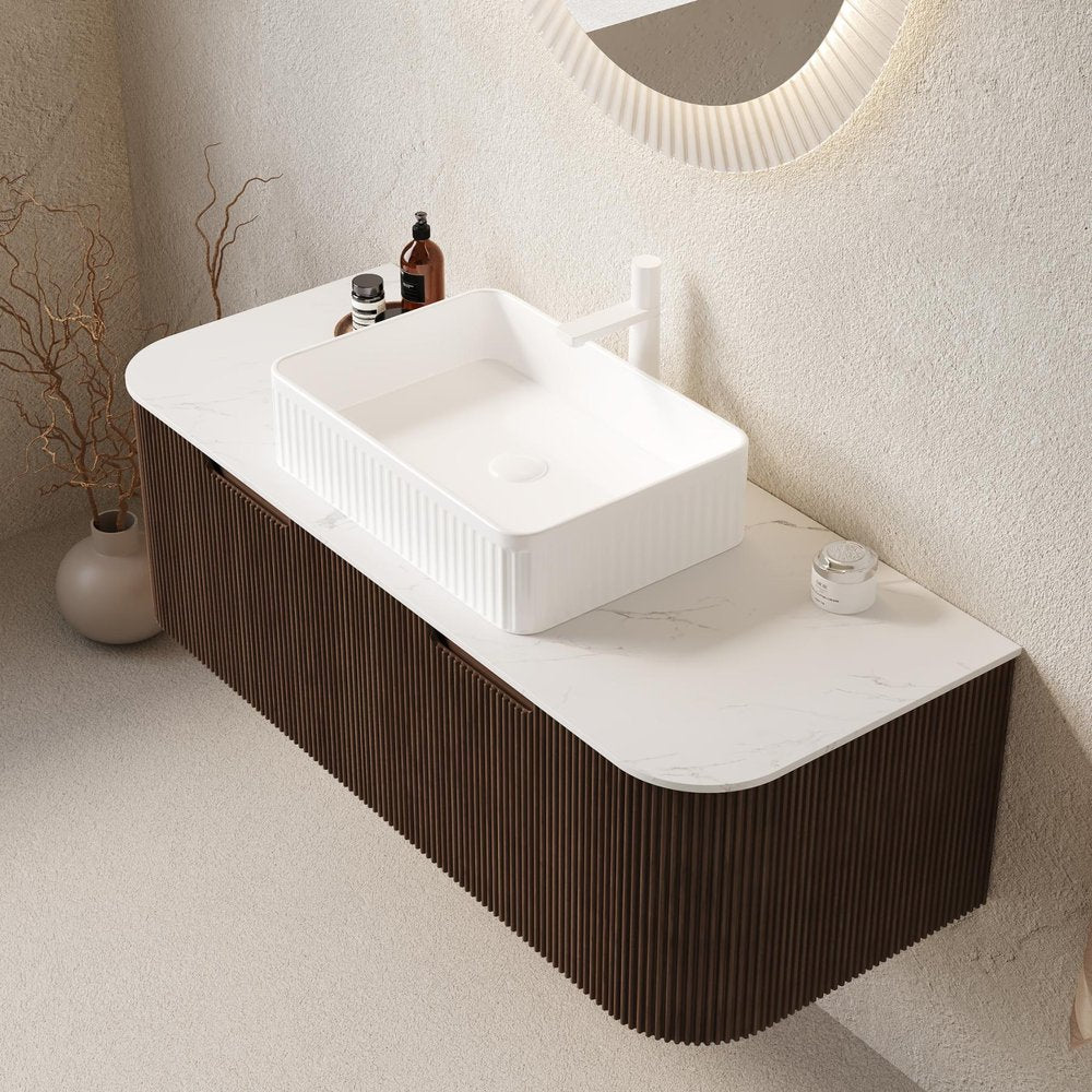 48" Brown Wood Floating Bathroom Vanity With White Sink And Two Drawers