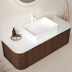 48" Brown Wood Floating Bathroom Vanity With White Sink And Two Drawers