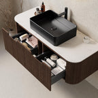 48" Brown Wood Floating Bathroom Vanity With Black Sink And Two Drawers