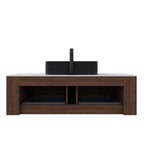 48" Brown Wood Floating Bathroom Vanity With Black Sink And Two Drawers